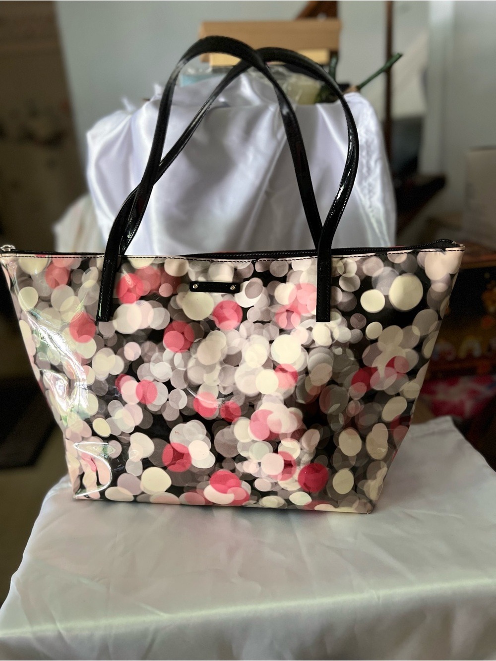 Kate Spade Polka Dot Glossy Tote Bag in Black, White & Pink